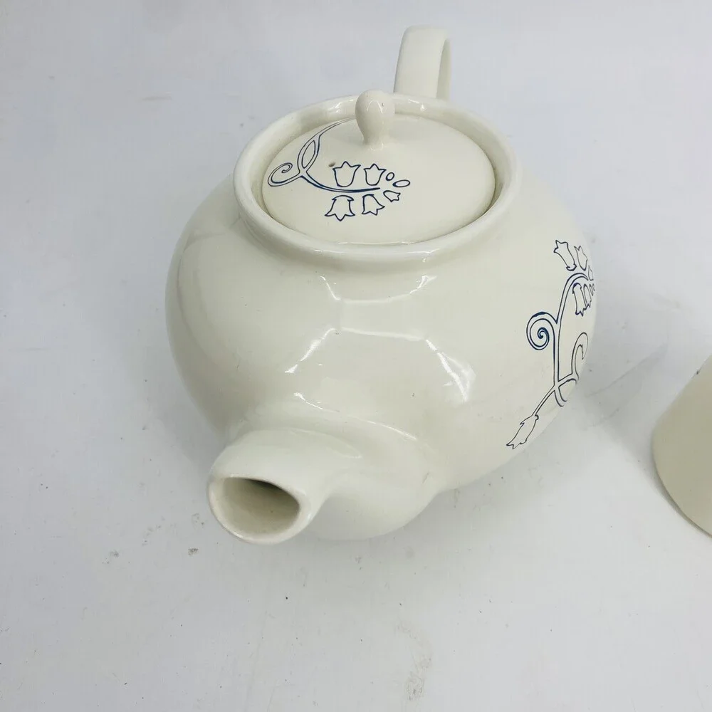 Vintage IKEA Odmjuk Teapot And Creamer Set Bone White With Navy Floral Design